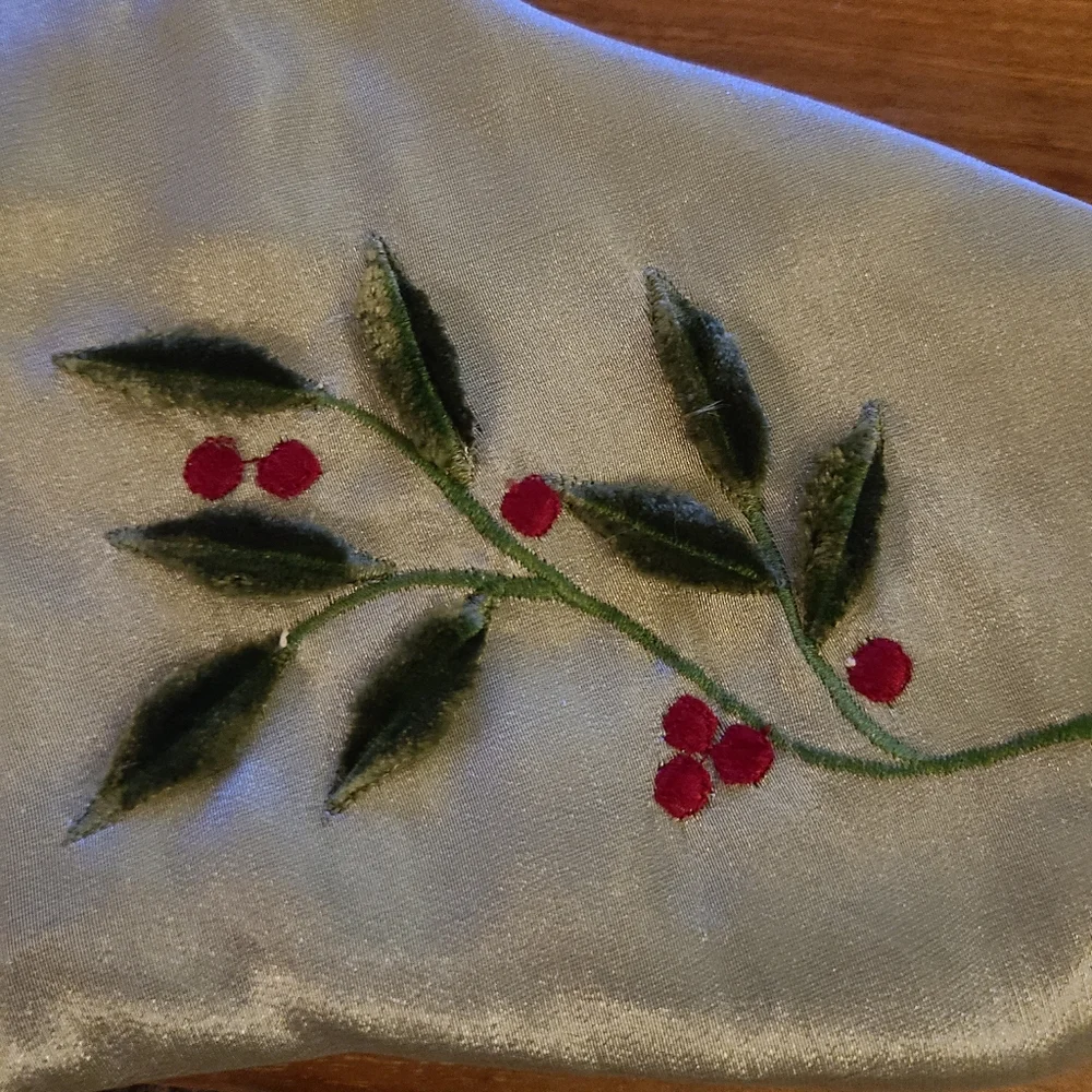 Christmas Stocking Satin And Velvet‎ With Embroidered Holly And Berries